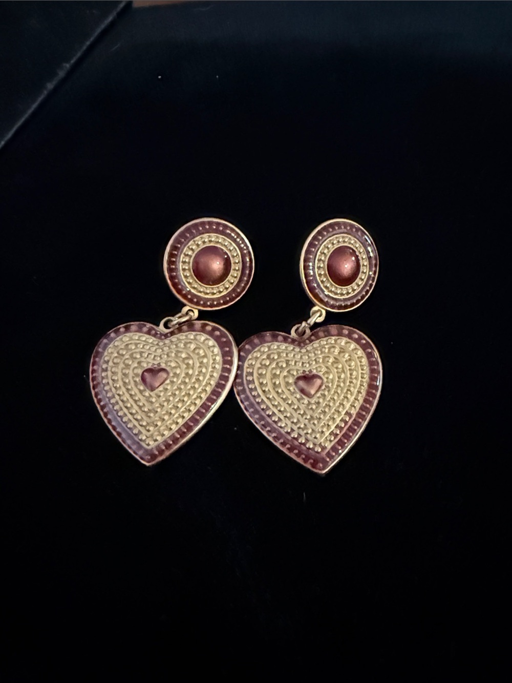 Gold and Burgundy Heart Drop Earrings - Women Jewelry